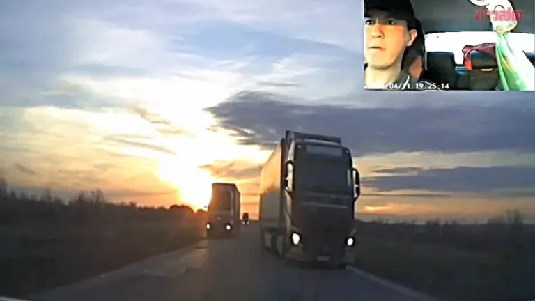 Close Call! Father Narrowly Squeezes Family Car Between Two Trucks on Kazakhstan Highway