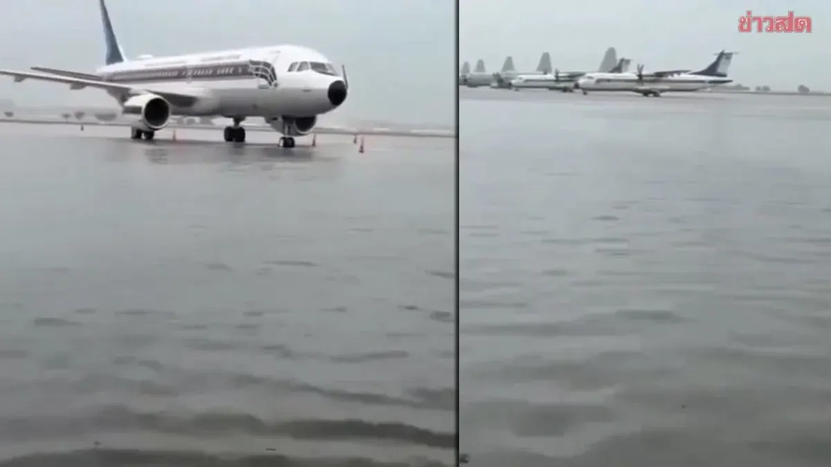 Heavy Rain Floods Don Mueang Airport Taxiway