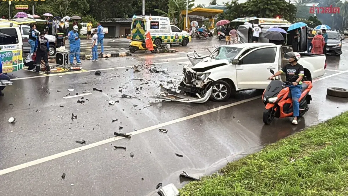Pickup Crashes Into Three Vehicles On Slick Chumphon Road; One Dead