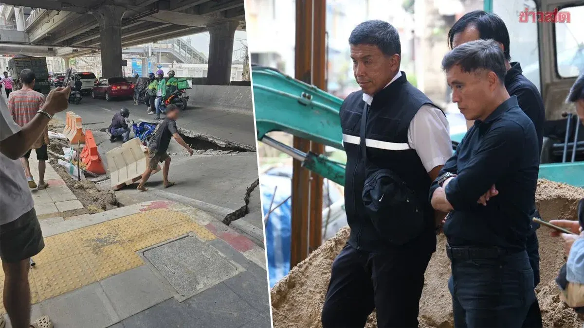 Chadchart Inspects Road Collapse at Fai Chai Intersection, Mobilizes Emergency Repairs Expected to Complete Tonight, Concerned About Safety of Nearby Buildings