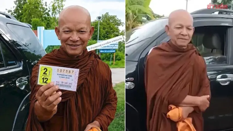 Buddhist Monk from Khon Kaen Wins 12 Million Baht First Prize Lottery, Crowds Celebrate on Social Media