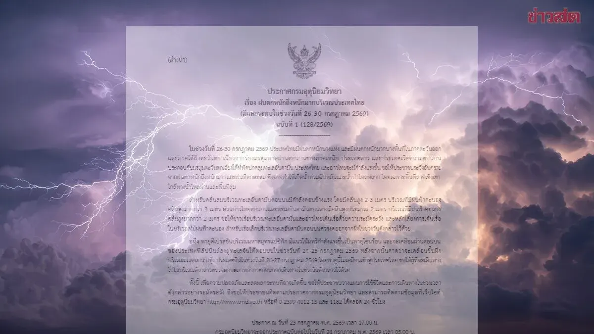Thailand Issues Heavy Rain Alert for July 26-30