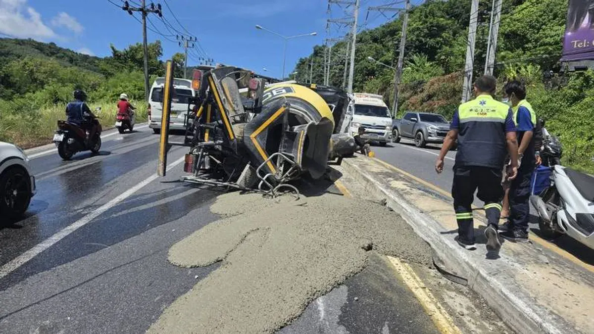 Cement Truck Overturns on Kata Hill, Blocks Traffic