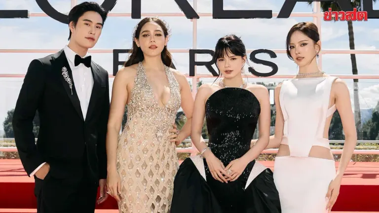 Chompoo Leads Thai Star Team at Cannes Red Carpet with Nicha, Jemaine, and Becky