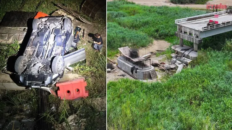 Family Injured Car Plunges From Broken Bridge in Kamphaeng Phet