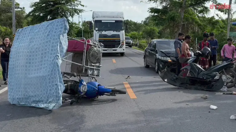 Man on Motorcycle with Sidecar Brakes Suddenly to Let Turtle Cross Road; Following Car Crashes, Injuring Three