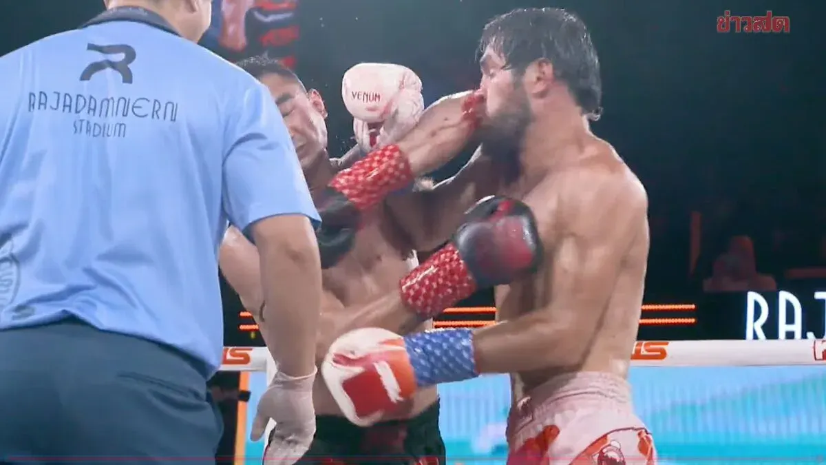Petcharamek Bangmat Klong Toey Cuts Slim Khan with Elbow, Wins TKO Round 4 to Defend Rajadamnern Middleweight Title at RWS April Inferno