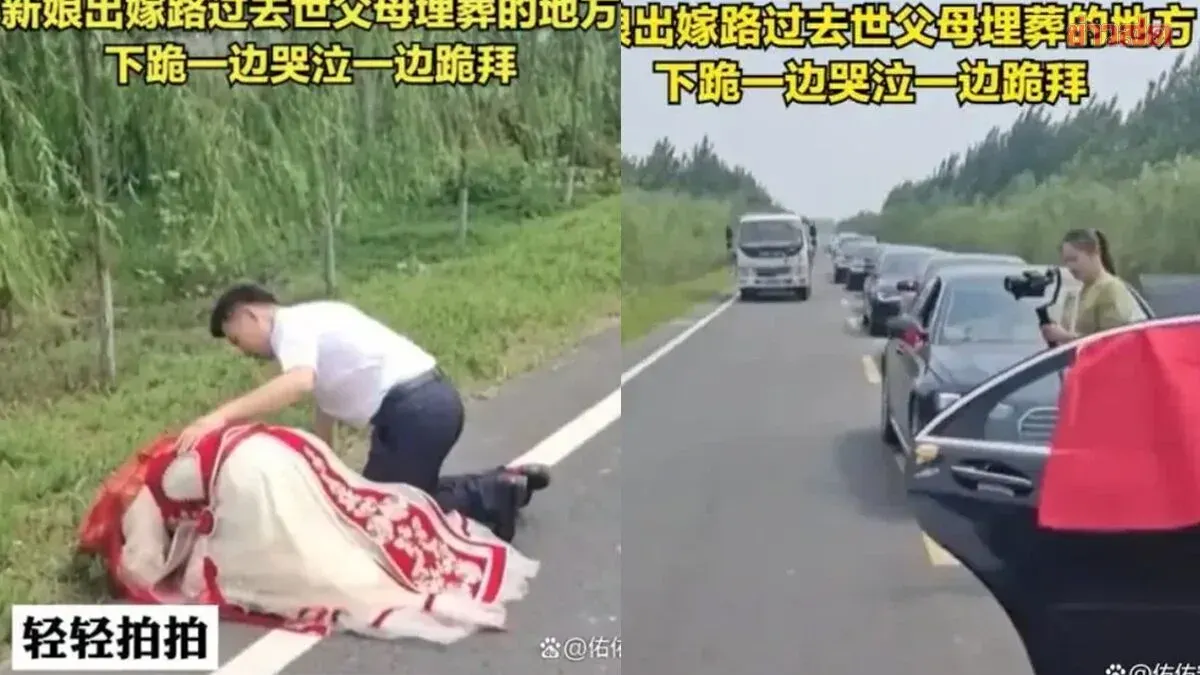 Bride Stops Wedding Motorcade in the Rain to Pay Respects at Father's Grave, Unbothered by Bad Luck Superstitions