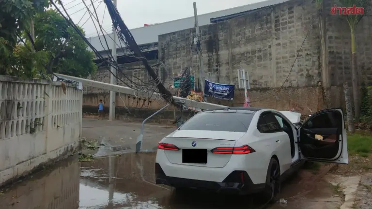 BMW With Premium Plate Crashes Into Power Pole In Nakhon Ratchasima