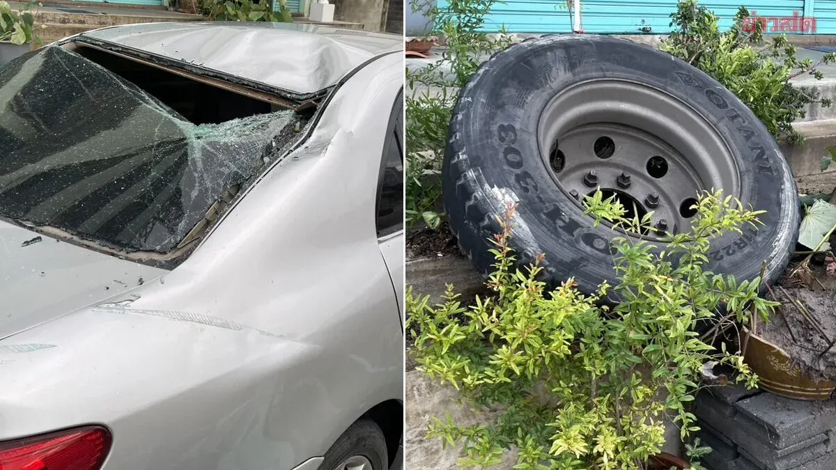 Truck Wheel Falls on Car, Damages Shop in Nonthaburi