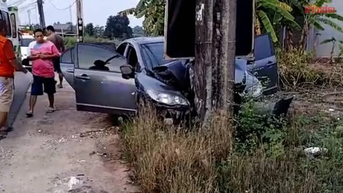 Large-framed man falls asleep at wheel, keeps foot on accelerator, loses control on curve and crashes into power pole, dies on impact