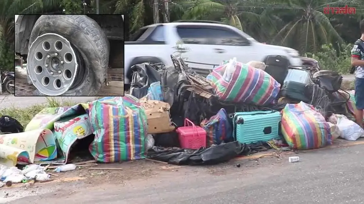 Tire Blowout Sends Pickup Truck Off Road, 27 Injured as Driver Ferries Relatives from Ubon to Surat Thani