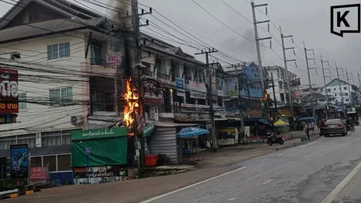 Power lines blaze outside 7-Eleven near Phayao Uni