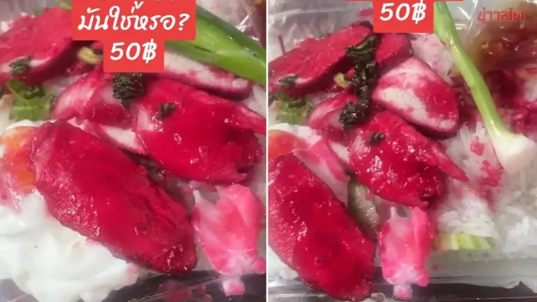 Horrifying Discovery: Customer Refuses to Eat Unnaturally Red Pork Rice Bowl Purchased for 50 Baht