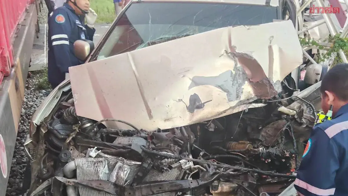 Pickup Struck by Freight Train at Level Crossing in Samut Prakan