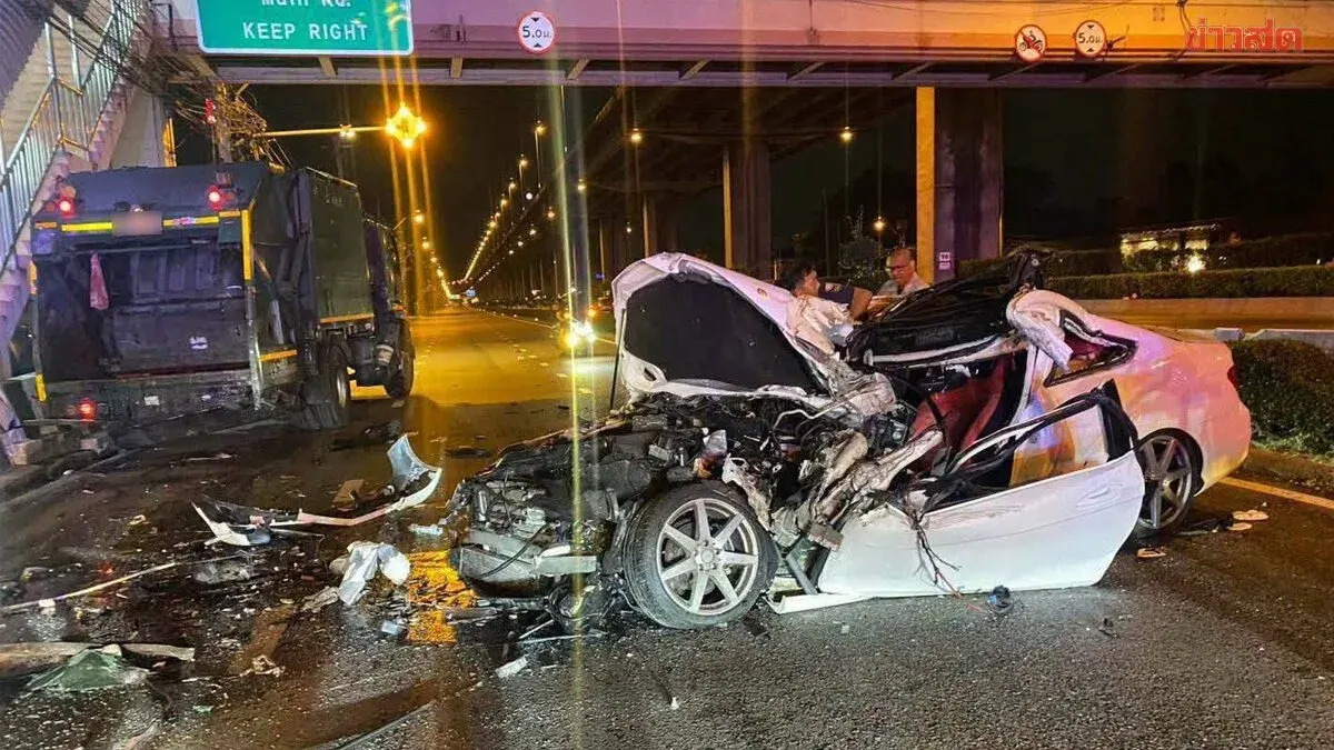 Woman Crashes Mercedes Into Garbage Truck in Bangkok