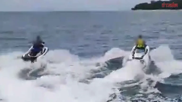 Four Jet Skis Buzz Large Passenger Ferry off Phuket