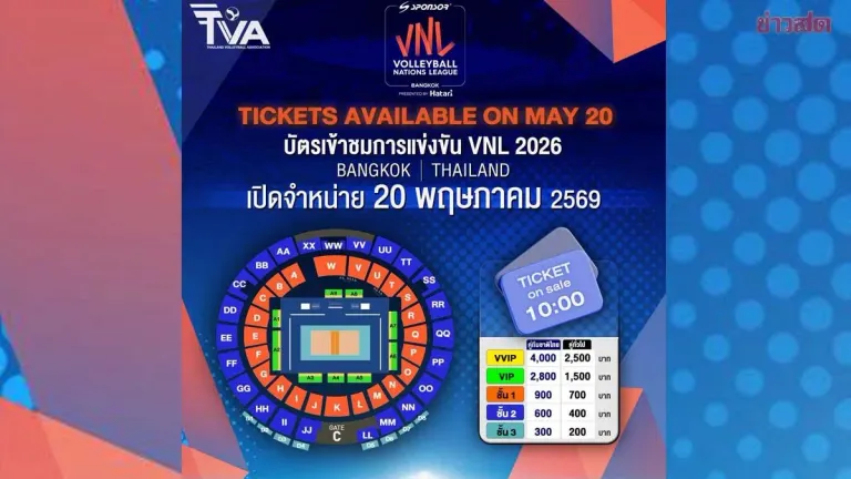 VNL 2026 Ticket Prices Announced for Thailand National Team Matches; Premium VVIP Seats Cost 4,000 Baht