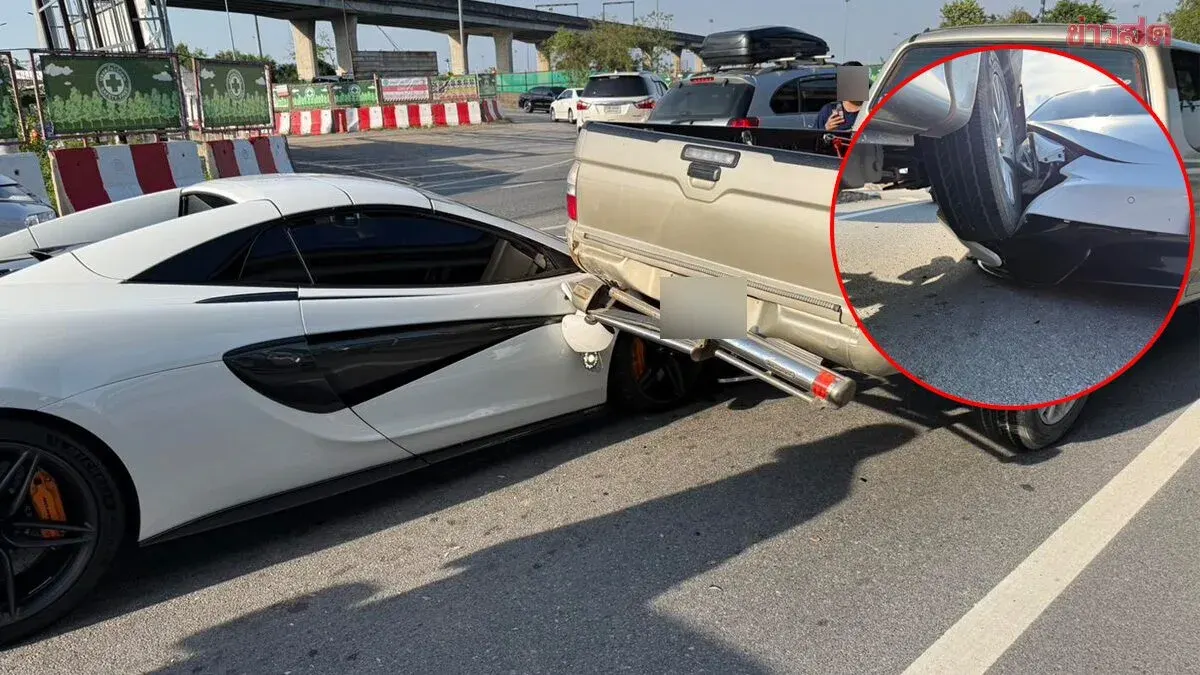 Luxury Supercar Wedged Under Pickup Truck Wheels, One Injured; Netizens Estimate Vehicle Worth 20 Million Baht