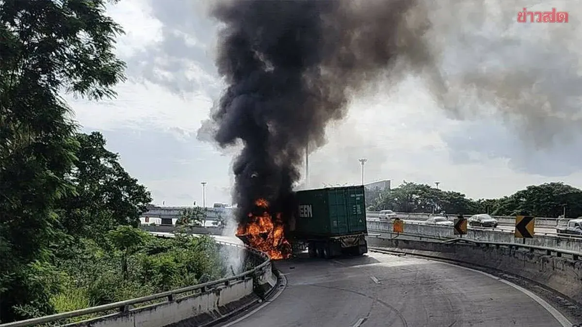 Container Truck Engulfed in Flames on Chimpli Overpass