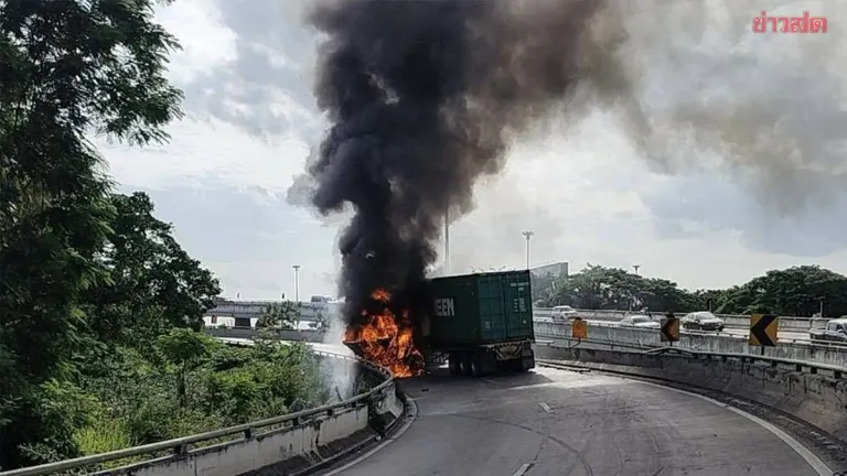Container Truck Engulfed in Flames on Chimpli Overpass