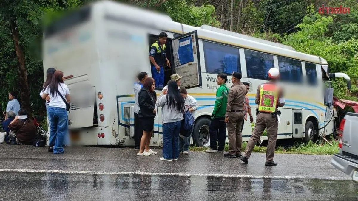 Pickup Truck Skids in Rain, Hits Power Pole; Fuel Tanker and Tour Bus Swerve Off Road—35 Injured