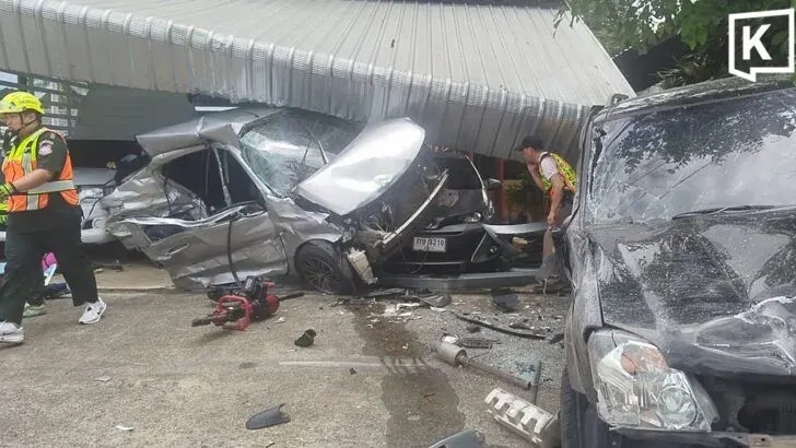 Sedan crashes into car lot, driver dies, drugs found