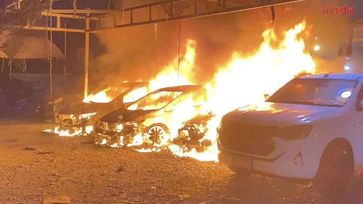 Major Fire Engulfs Used Car Lot in Samut Sakhon, Nine Vehicles Destroyed