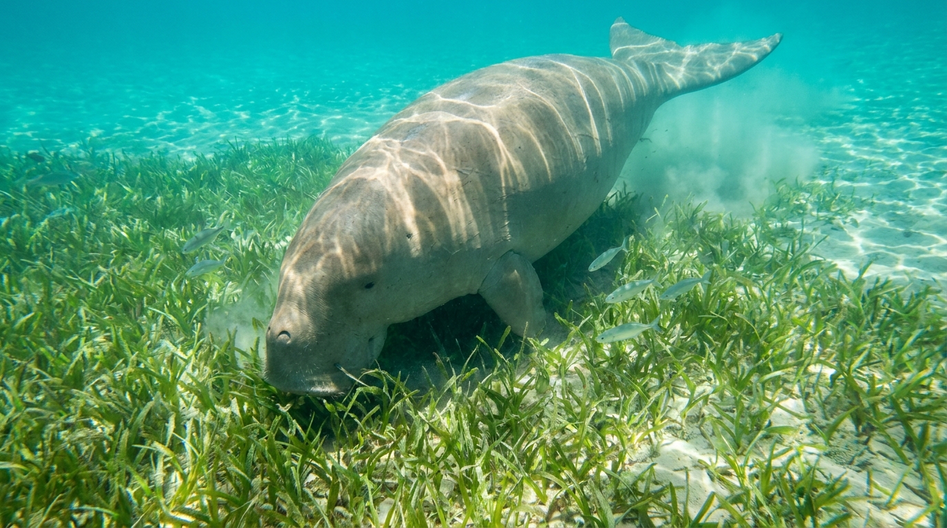 A dugong grazing on a green seagrass meadow in shallow turquoise water