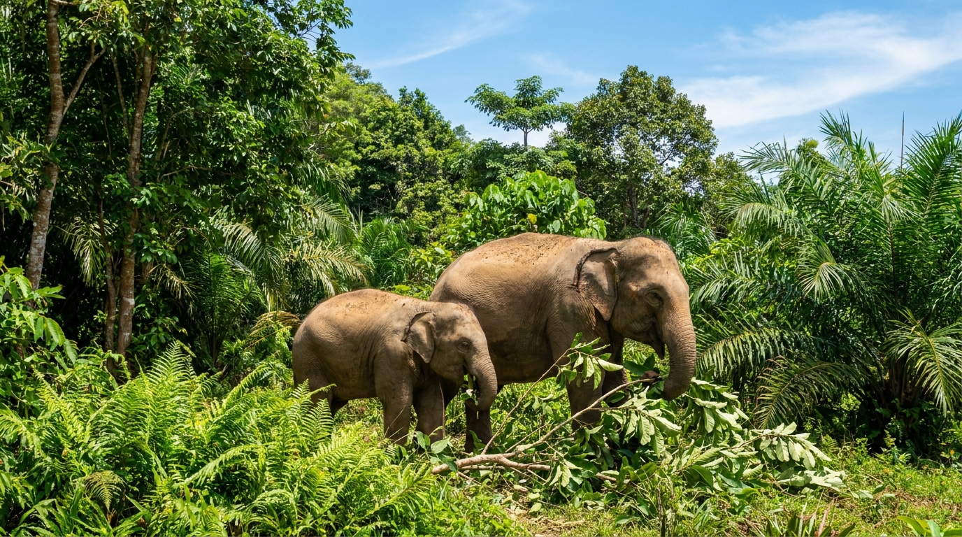 Two Asian elephants browsing at the edge of tropical forest