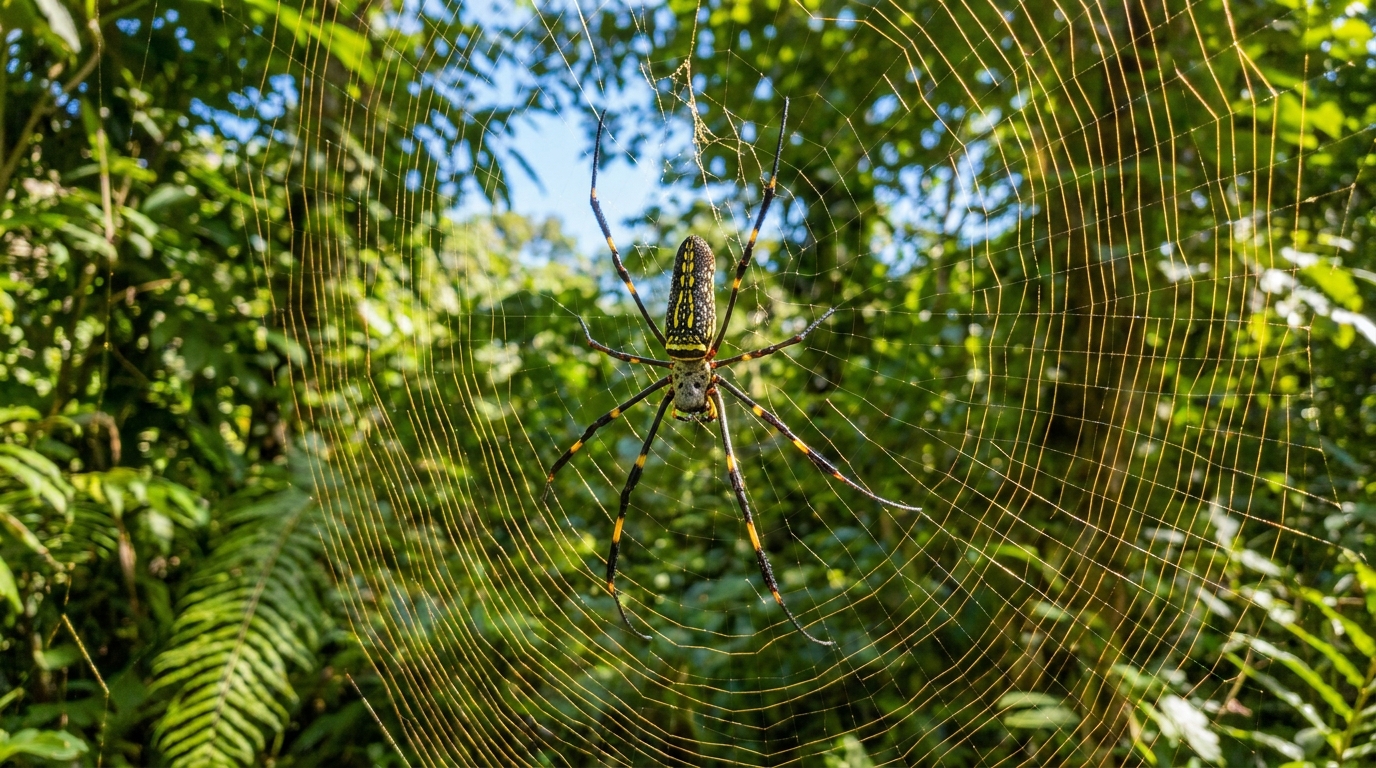 A large black and yellow golden orb weaver spider at the centre of its web