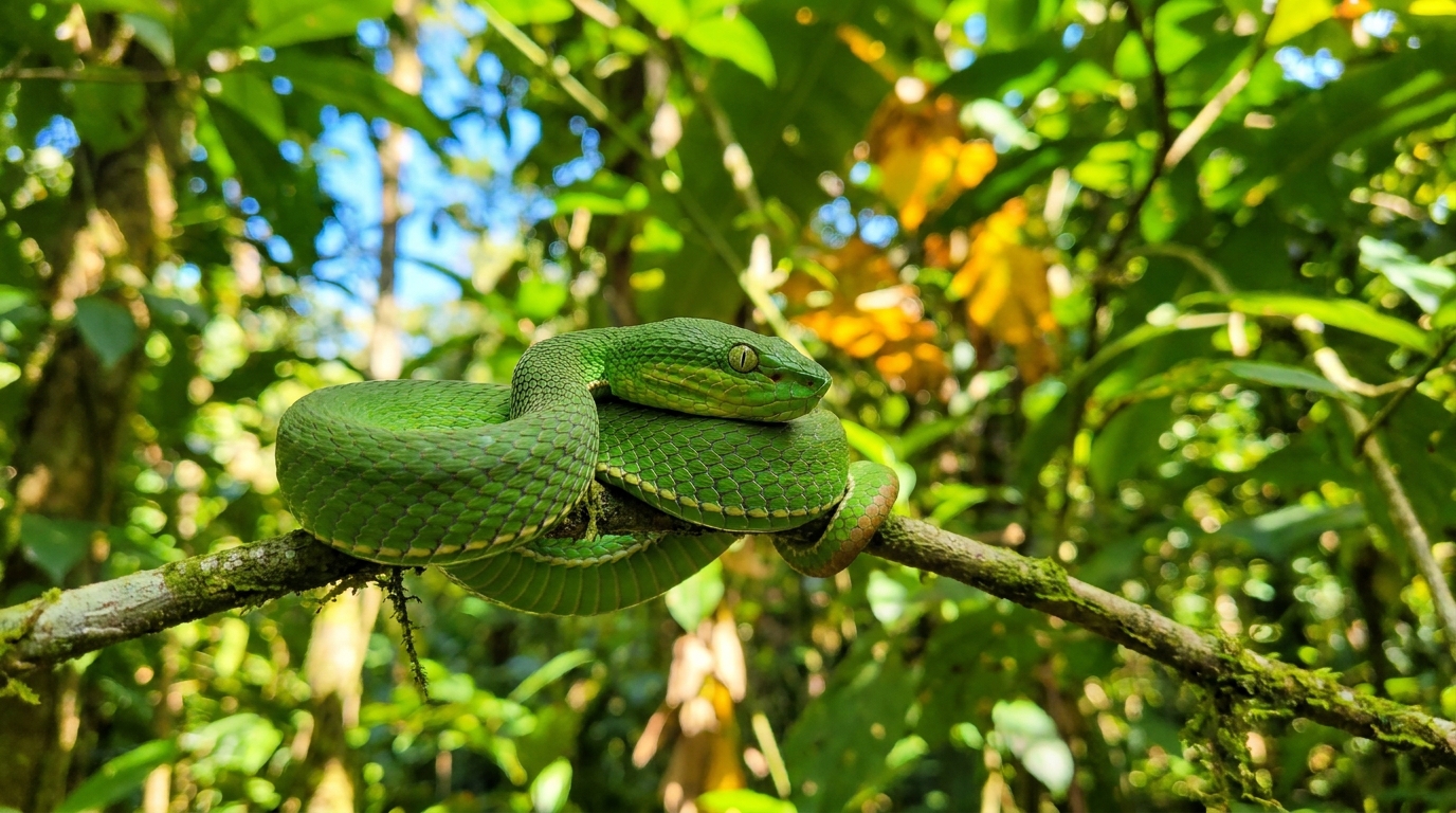 A bright green pit viper coiled on a branch in jungle foliage