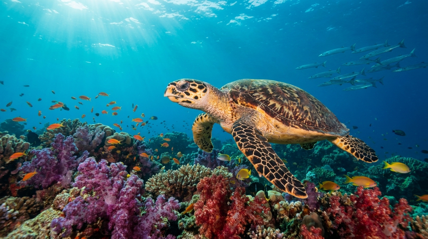 A hawksbill turtle swimming above a coral reef with tropical fish