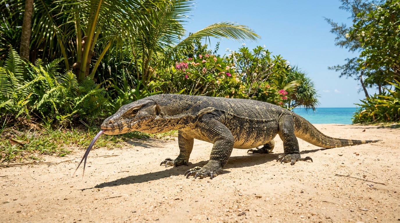 A large water monitor lizard walking along a sandy path beside tropical greenery