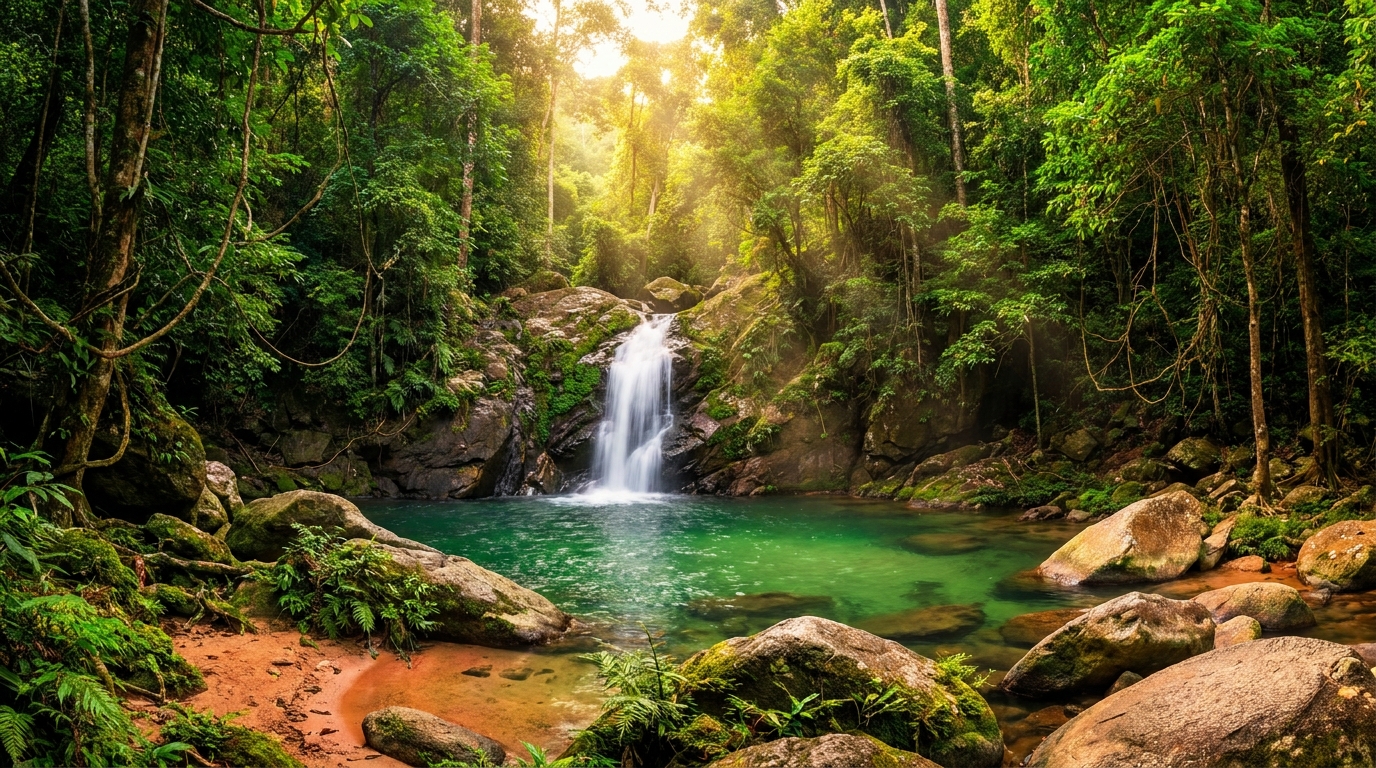A jungle waterfall falling into a clear emerald pool surrounded by rainforest